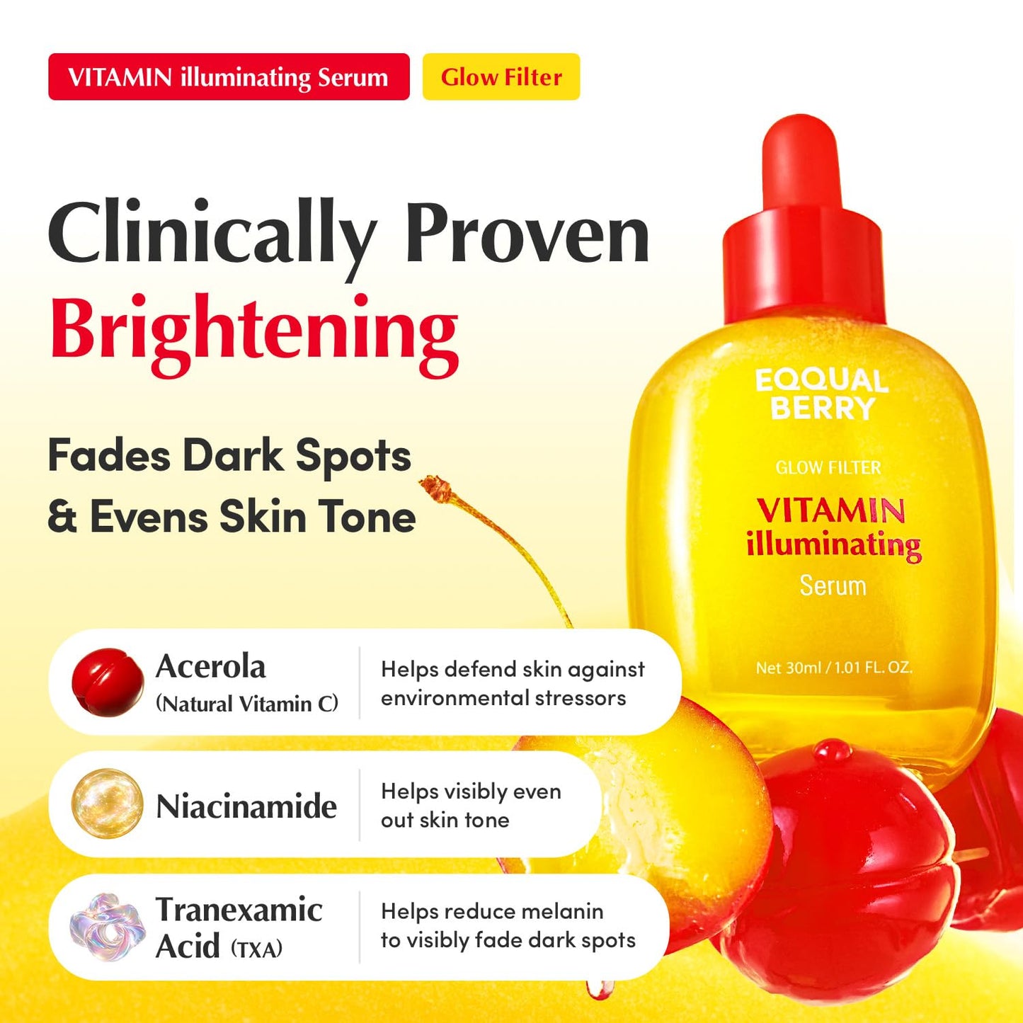 EQQUALBERRY Vitamin Illuminating Serum | Niacinamide 4% & TXA | Brightening Vitamin C Serum for Face Glow with Hyaluronic Acid | Dark Spot & Uneven Tone Care | Korean Skincare, 1.01 fl oz